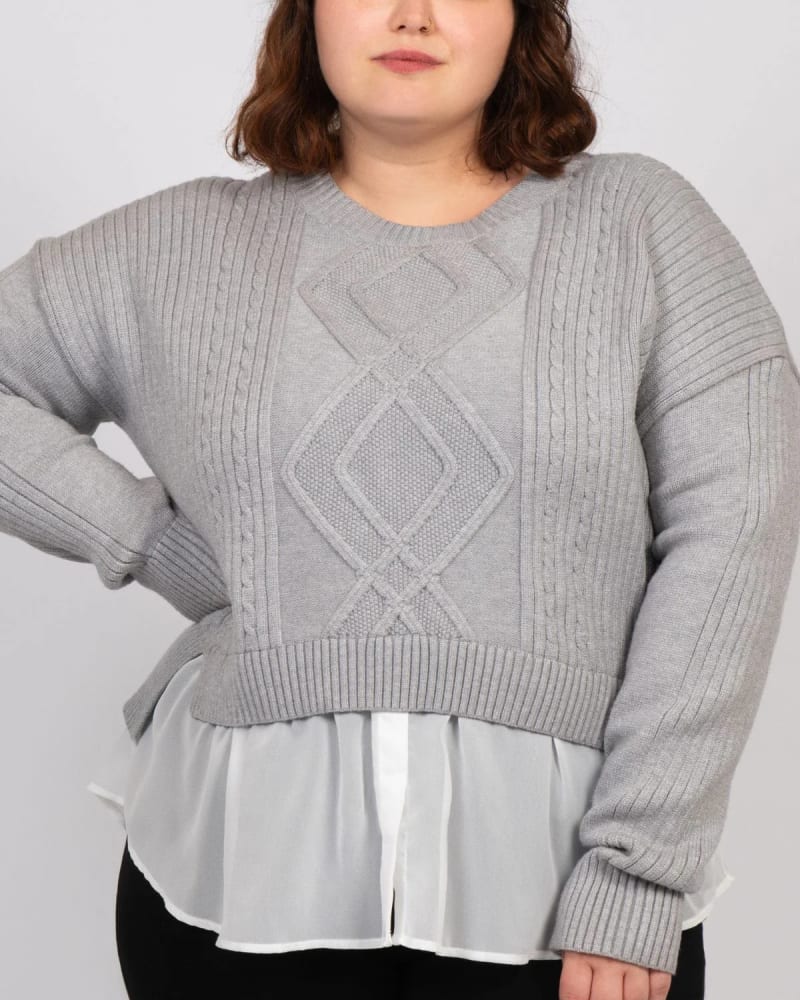 Front of a model wearing a size 2X Ophelia Faux Layered Knit Sweater Shirt Effect in Grey by ANNICK. | dia_product_style_image_id:315378